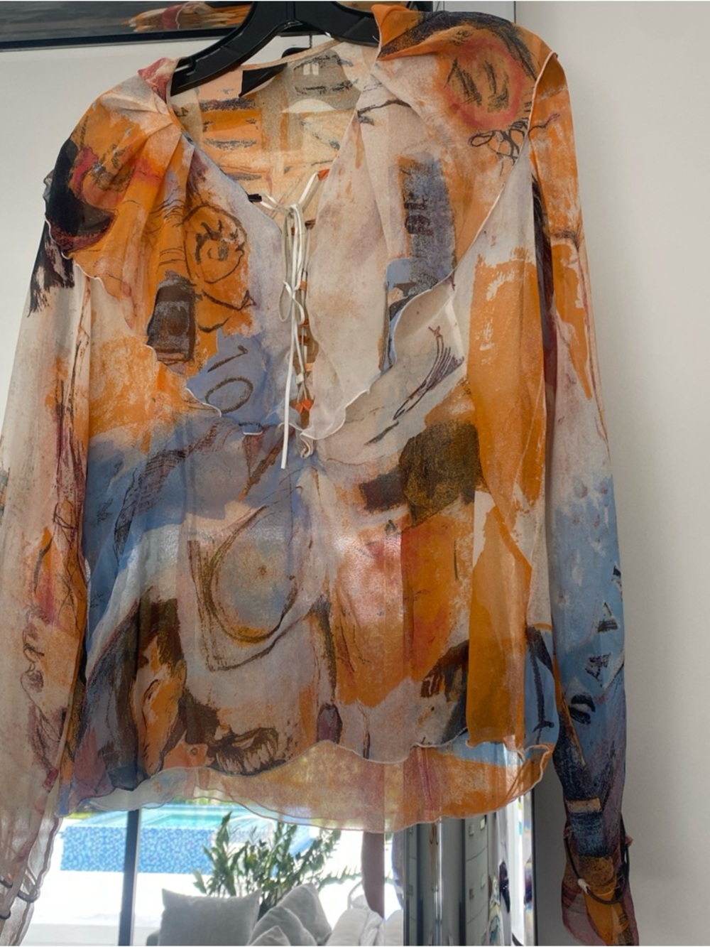Just Cavalli Abstract Sheer Ruffle Tie-Front Blouse in Orange and Blue